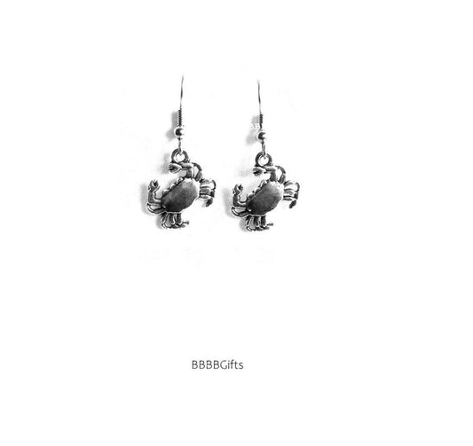 Crab Charm Earrings : Steel Earwires • Antiqued Silver Design. Gift Boxed