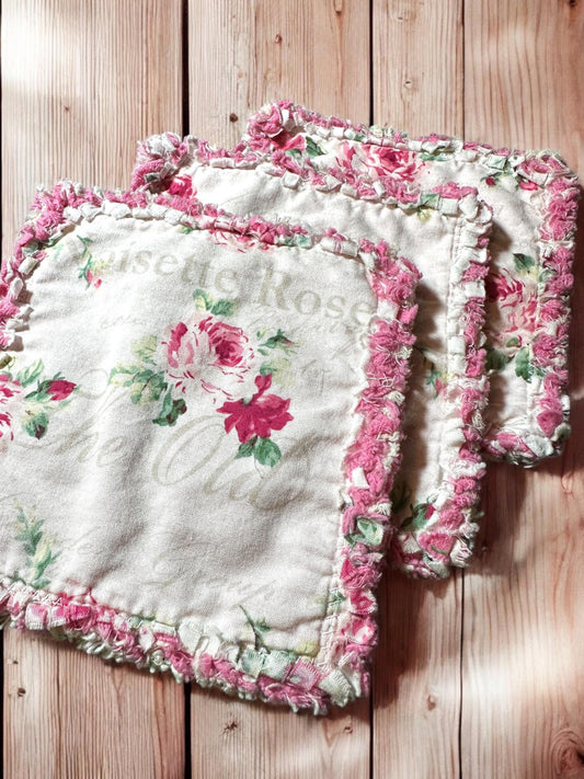 3 - 6" | Sweet Rose Rag Quilt Coaster Set No.4 : Cotton/Flannel Cotton •Reversible •5 Layers • Fabric From Shabby Country & Cloth Collection