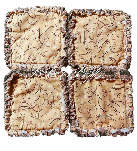 4 - 4.5" | Maize Yellow Abstract Twigs Berries Rag Quilt Coasters : Reversible.Candle/Soap/Table Mat.Moda Country Road Print Cotton Fabric