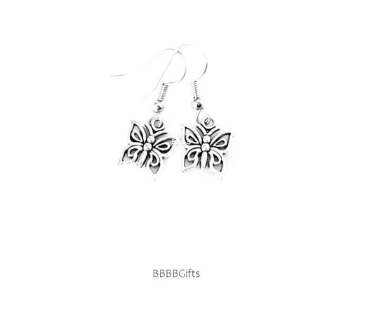 Butterfly Charm Earrings : Steel Earwires • Antiqued Silver Design • Dangle/Drop • Simple/Minimal • Gift Boxed