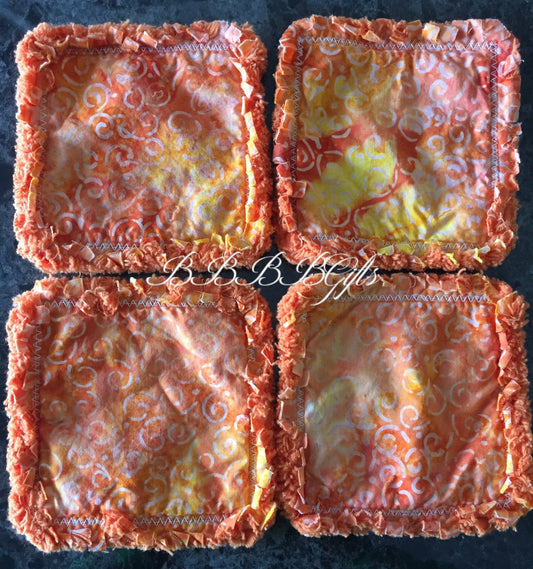 4 - 4.5" | Calico Curl Batik Rag Quilt Coaster Set : Reversible • Mug Rug/ Mat • Orange/Yellow • Multi Color Cotton Fabric