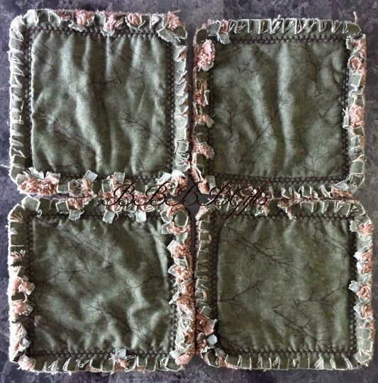 Per Coaster 4.5" | Northern Pine Green | Autumn Trees Rag Quilt Coaster : Reversible.Mug Rug Moda Country Road Print Cotton Fabric