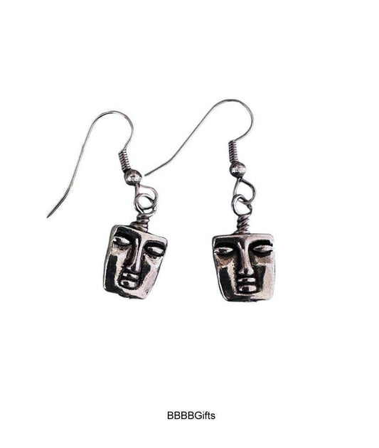 Face Statue Charm Earrings : Steel Earwires . Inspired by Moai . Mask Pattern Both Sides. Gift Boxed