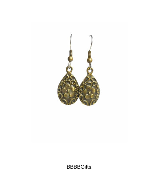 Bronzed Teardrop Flower Charm Earrings : Steel Earwires. Gift Boxed