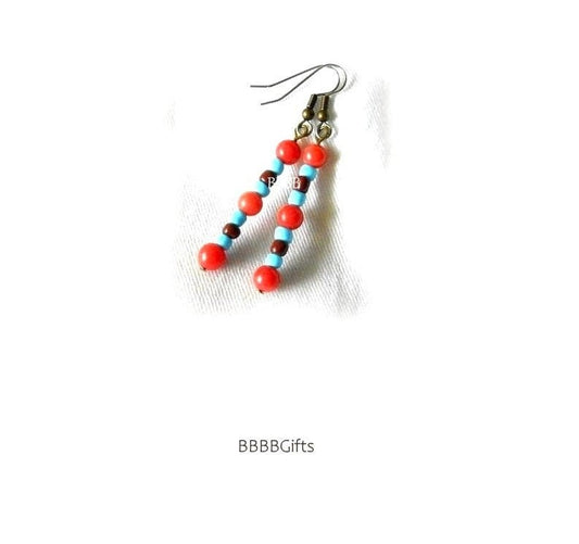 Beachside Stack Beaded Earrings : Steel Earwires • Coral Jade/Brown.Turquoise Seed Beads • Bohemian • Gift Boxed