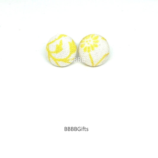 12mm | White/Yellow  |  Leaves Flower Button Stud Earrings : Steel Posts. Gift Boxed