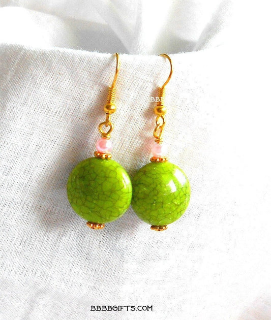 Apple Green | Coin Drop Earrings : Steel Earwires Option • Pink Pearl/Crackle/Acrylic Beads • Gold Findings. Gift Boxed