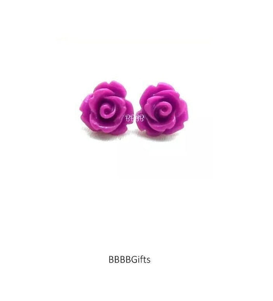 10mm | Purple | Rose Stud Earrings : Steel Posts/Acrylic Cabs. Gift Boxed