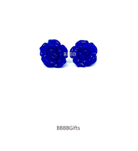 10mm | Navy Blue | Rose Stud Earrings : Steel Posts/Acrylic Cabs. Gift Boxed