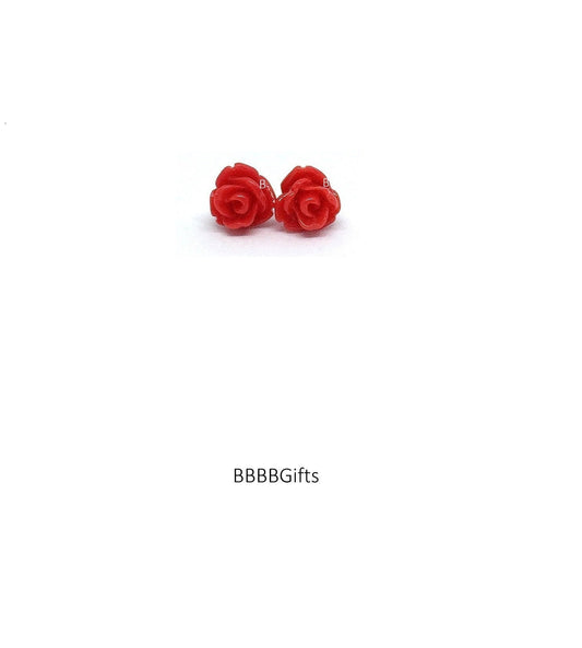 6mm | Red | Rose Stud Earrings : Steel Posts/Acrylic Cabs. Gift Boxed