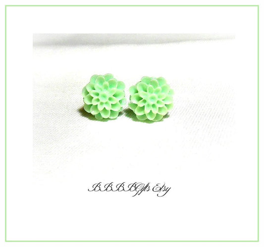 12mm | Light Green | Dahlia Flower Stud Earrings : Steel Posts/Acrylic Cabs. Gift Boxed