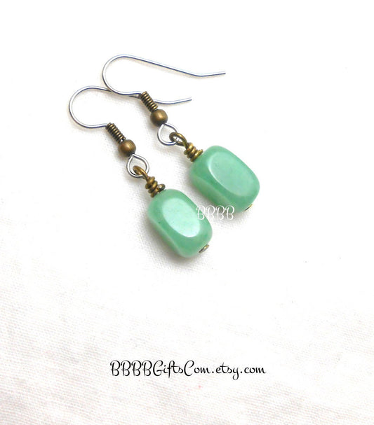 Green Chalcedony Beaded Earrings: Steel Earwires • Gemstone Beads • Antiqued Bronze Accents. Gift Boxed