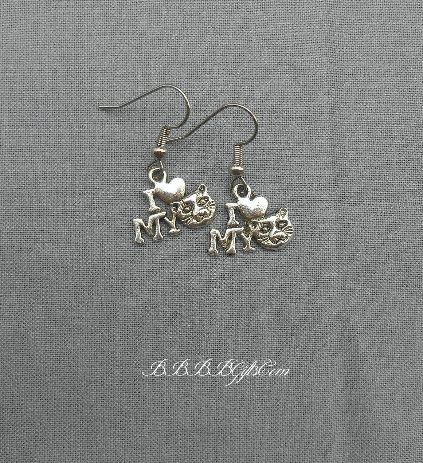 I Love My Cat Charm Earrings : Steel Earwires • Antiqued Silver Design. Gift Boxed