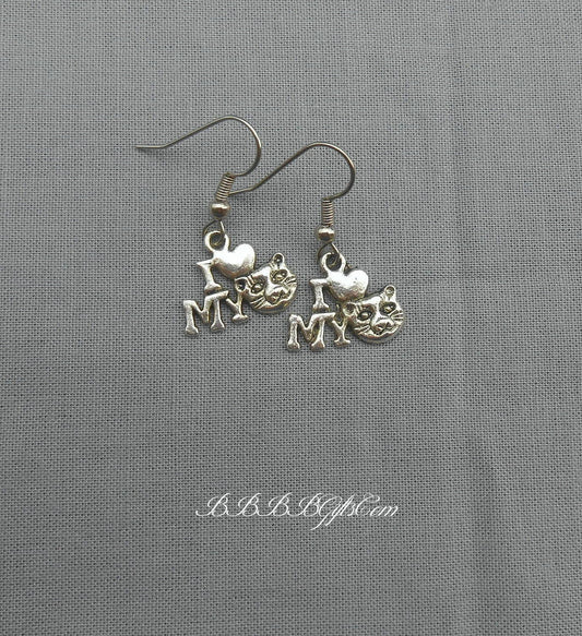 I Love My Cat Charm Earrings : Steel Earwires • Antiqued Silver Design. Gift Boxed