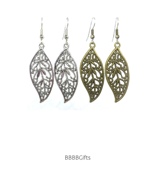 Filigree Leaf Charm Earrings : Steel Earwires • Antiqued Silver/Bronze Design Options. Gift Boxed