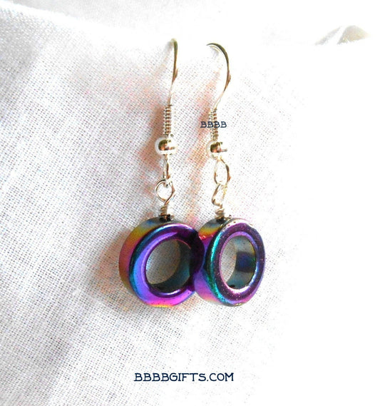 Rainbow Hoop Beaded Earrings : Steel Earwires Option • Iridescent/Oil Slick/Aurora Borealis Glass Beads. Gift Boxed