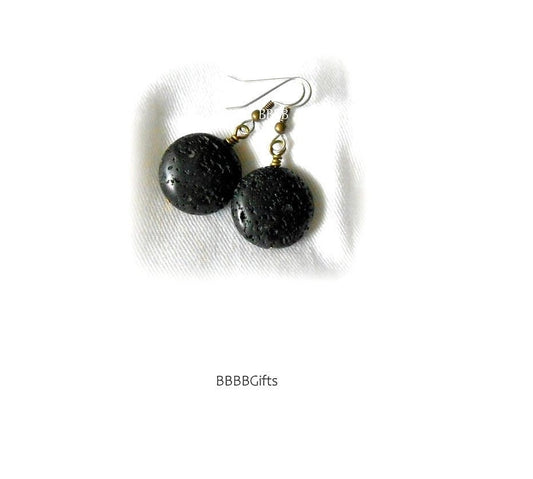 Black Lava Earrings : Steel Earwires • Coin Beads • Antique Bronze Accents. Gift Boxed