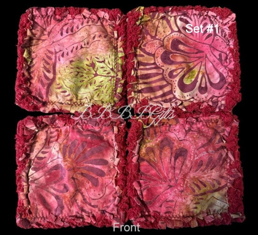 4 - 4.5" |Abstract Foilage Batik Rag Quilt Coaster Set:Reversible •Mug Rug •Shades of Red Green  •Multi Color Cotton Fabric