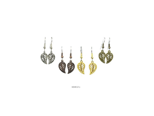 Filigree Leaf Charm Earrings : Steel Earwires • Antique Silver/Copper/Yellow Gold Plated/Bronze Options. Gift Boxed