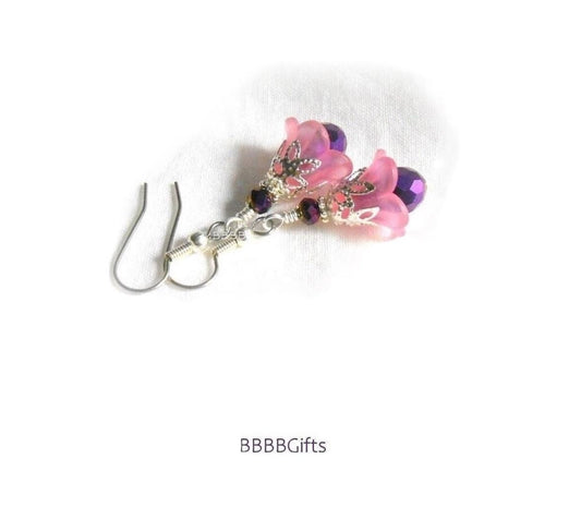 Frost Pink/Purple | Flower Earrings : Steel Earwires • Acrylic/Metal/Crystal Metallic Beads • Bright Silver Accents . Gift Boxed