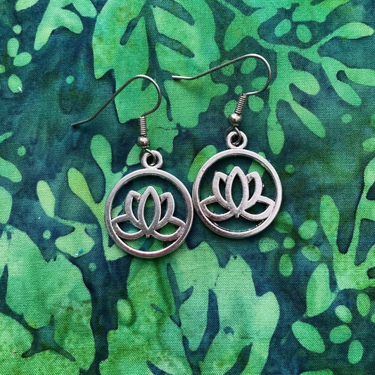 Lotus Charm Earrings : Steel Earwires • Flower/Open Hoop/Antiqued Silver Design • Yoga/Health/Medicinal • BBBBGifts. Gift Boxed
