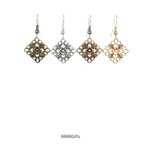 Diamond Charm Earrings : Steel Earwires • Antiqued Bronze,Silver,Copper/Rose Copper Gold/Filigree Design. Gift Boxed