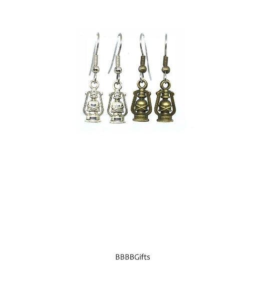 Lantern Charm Earrings : Steel Earwires • Antiqued Silver/Bronze Design Options • Camp/Night Light/Hurricane Lamp. Gift Boxed