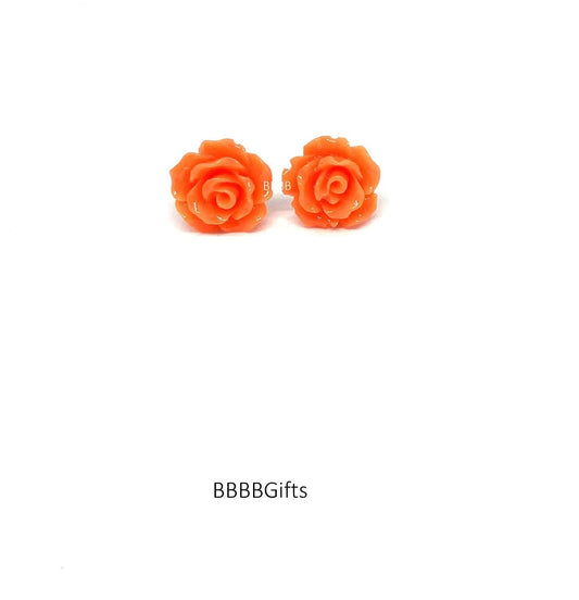 10mm | Orange | Rose Stud Earrings : Steel Posts/Acrylic Cabs. Gift Boxed