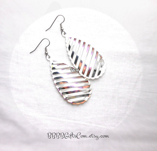 Bright Silver Teardrop Charm Earrings : Steel Earwires • Slatted/Diagonal Design. Gift Boxed