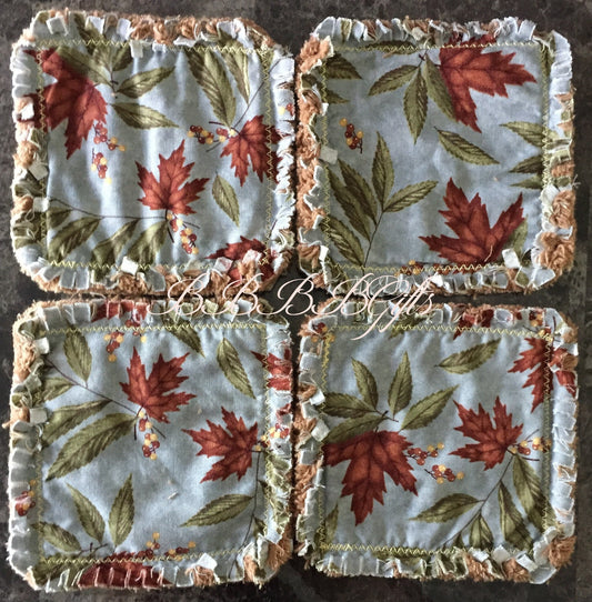 4 - 4.5" | Autumn Sky Blue/Maple Berries Rag Quilt Coasters : Cotton Fabrics .Reversible.Candle/Soap/Table Mat.Moda Country Road Print