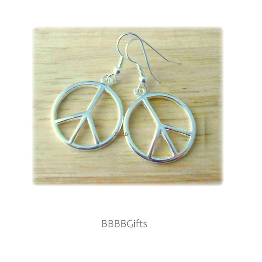 Bright Silver | Peace Charm Earrings : Steel Earwires Option • Open Hoop Style •  Circle • BBBBGiftsCom. Gift Boxed