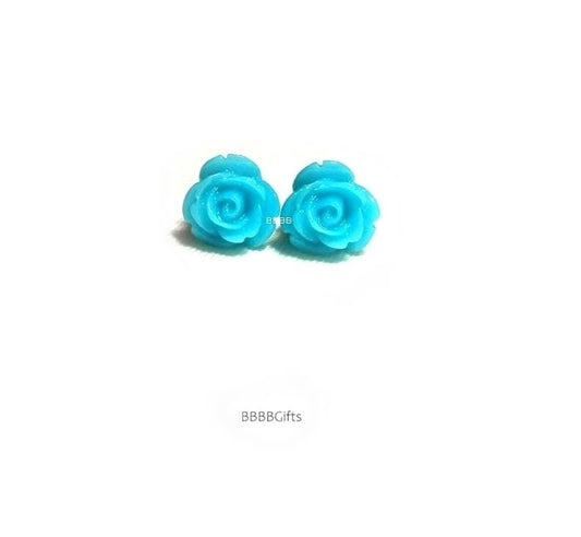 10mm | Teal Blue | Rose Stud Earrings : Steel Posts/Acrylic Cabs. Gift Boxed