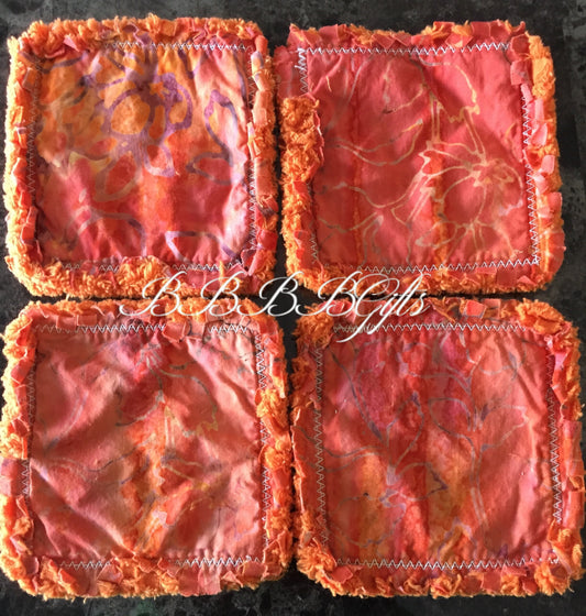 4 - 4.5" |Abstract Flower Batik Rag Quilt Coaster Set:Reversible •Candle/Soap/Table Mat •Orange/Lavender Outline •Multi Color .Cotton Fabric