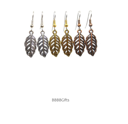 Leaf/Feather Charm Earrings : Steel Earwires • Antiqued Silver/Gold Copper Design Options. Gift Boxed