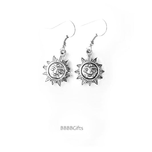 Celestial Sun Charm Earrings : Steel Earwires • Antiqued Silver Design. Gift Boxed