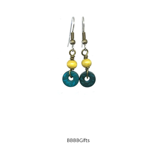 Green/Yellow | Wood Beaded Earrings : Steel Earwires • Bronze Accents. Gift Boxed