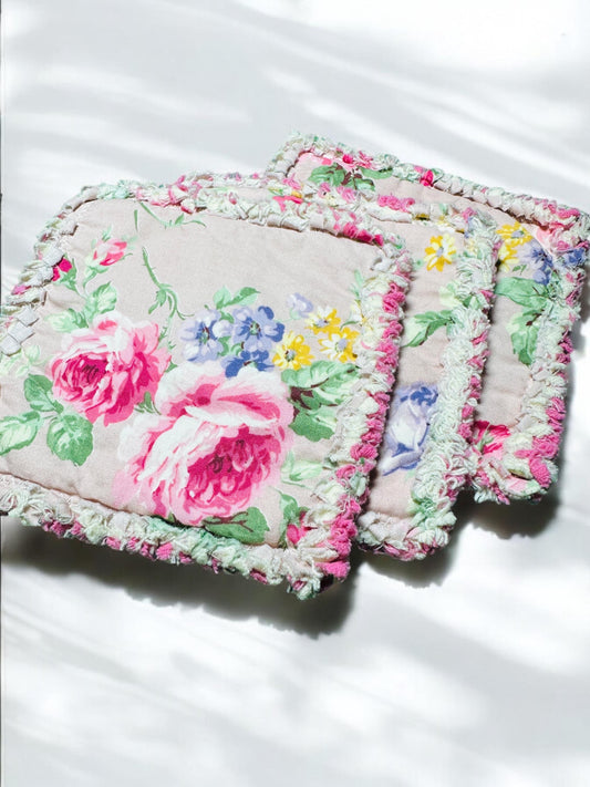 3 - 6" | Sweet Rose Rag Quilt Coaster Set No.5 : Cotton/Flannel Cotton •Reversible •5 Layers • Fabric From Shabby Country & Cloth Collection