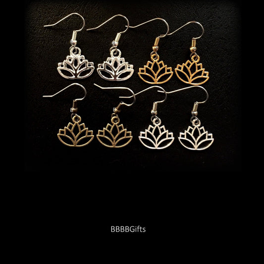 Lotus Charm Earrings : Steel Earwires • Flower/Bright Silver/Antiqued Silver,Bronze,Gold Design Options • Yoga. Gift Boxed