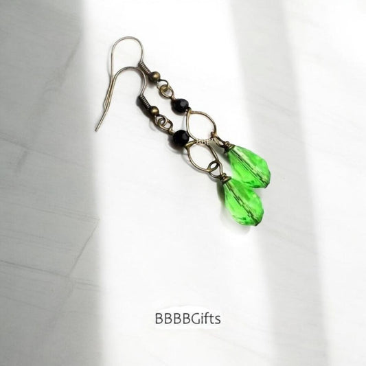 Green/Black | Crystal Teardrop Beaded Earrings : Steel Earwires Option • Bronze Design. Gift Boxed