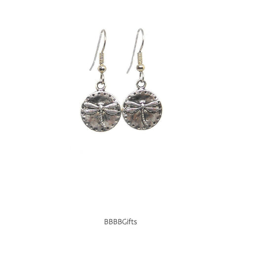 Dragonfly Coin Charm Earrings : Steel Earwires • Antiqued Silver Design. Gift Boxed