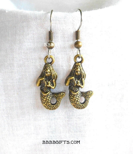 Mermaid Charm Earrings : Steel Earwires • Antiqued Bronze Design. Gift Boxed