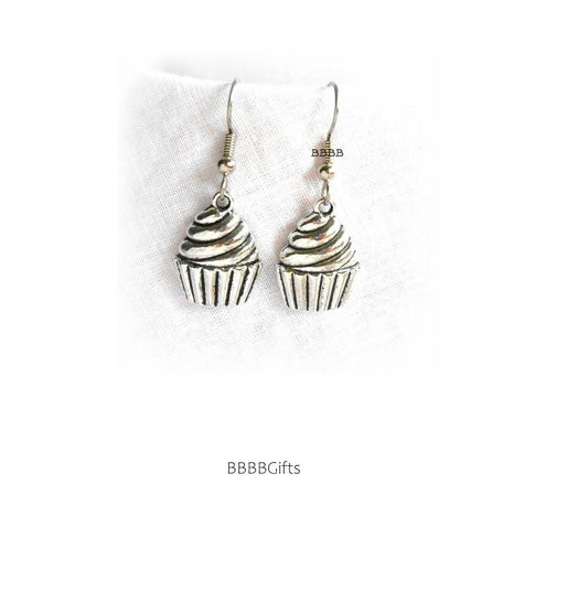 Cupcake Charm Earrings : Steel Earwires • Antiqued Silver Design. Gift Boxed