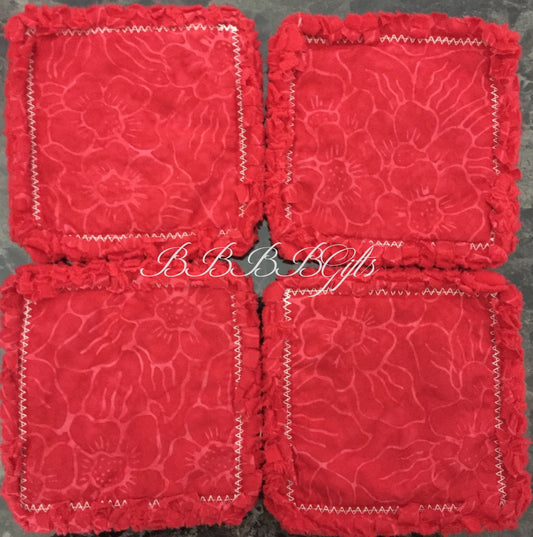 4 - 4.5" | Flower Floral Batik Rag Quilt Coaster Set : Reversible • Candle/Soap/Table Mat • Red.Just Because.Gift. Cotton Fabric
