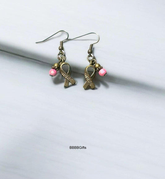 Hope Charm Earrings : Steel Earwires • Bronze Ribbon • Pink Shimmer Beads • Breast Cancer Awareness. Gift Boxed