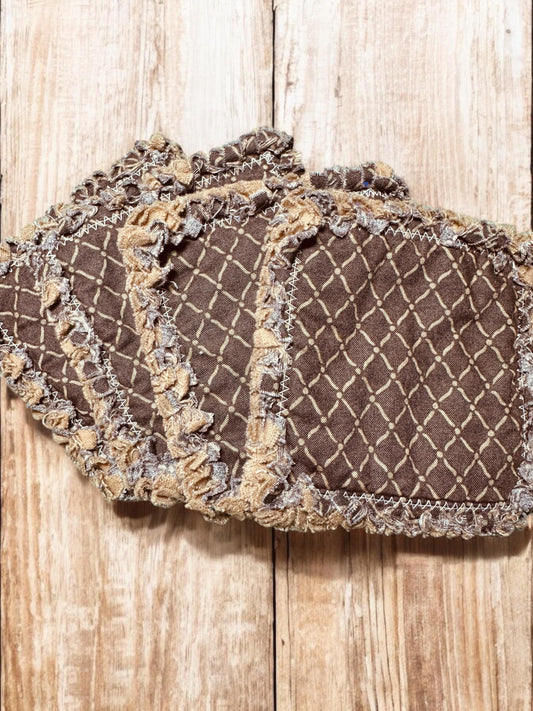 4 - 4.5" | Brown Diamond Rag Quilt Coasters : Reversible • Green • Candle/Soap/Table Mat . Cotton Fabric