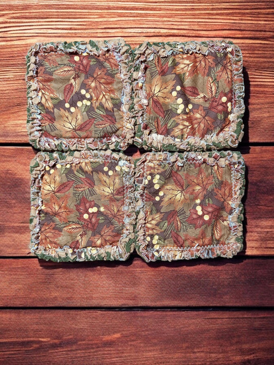 4 - 4.5" | Brown Background| Leaf Pile Berries Rag Quilt Coasters:5 Layers Cotton Fabric •Reversible•Candle/Soap/Table Mat