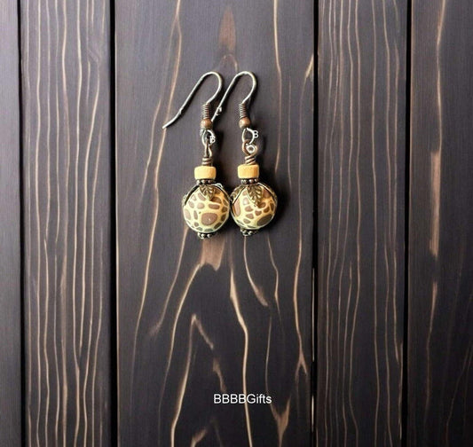 Exotic Beaded Earrings : Steel Earwires • Polymer Clay/Antiqued Bronze Leaf/Wood Beads • Antiqued Copper Findings • Under 2" Gift Boxed