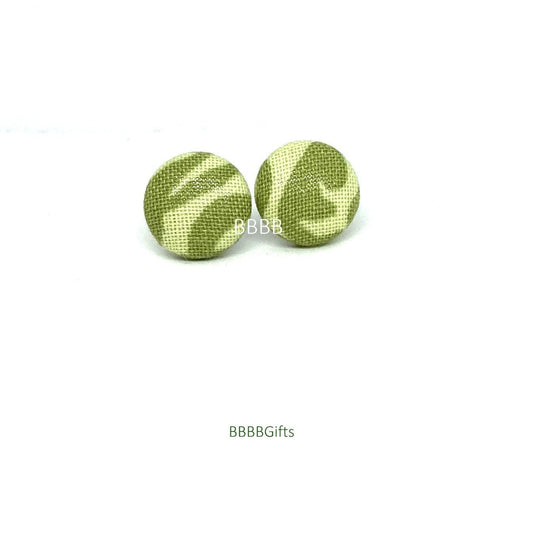 12mm | Olive Green | Fabric Button Stud Earrings : Steel Posts. Gift Boxed