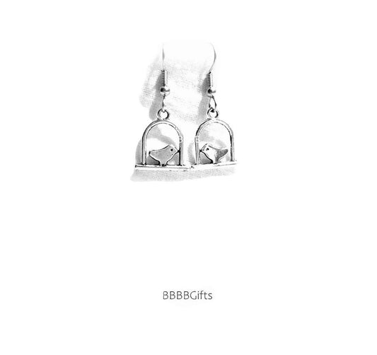 Birds on Swings Charm Earrings : Steel Earwires • Antiqued Silver Design . Gift Boxed