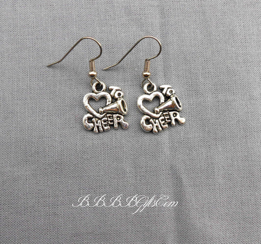 Love To Cheer Heart Charm Earrings : Steel Earwires • Antiqued Silver Design. Gift Boxed